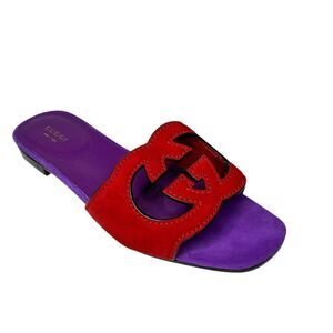 Gucci Kid Scamosciato Interlocking Double G Cut Out Slide Sandals 37.5 Suede